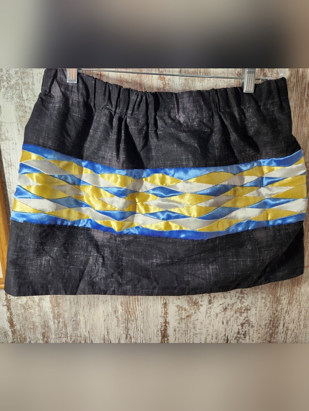 Myammia Native Made Black Ribbonwork Skirt Blue Yellow Ribbon Band Short Running